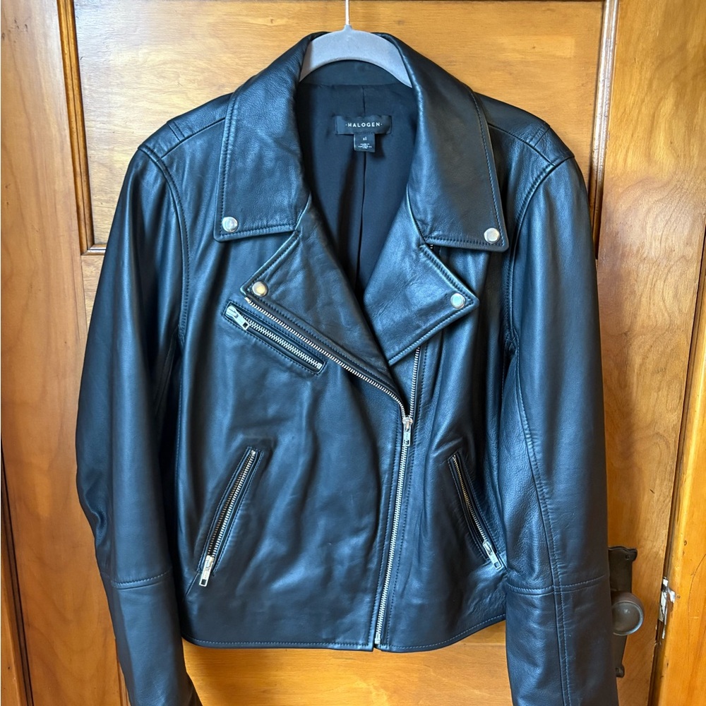 Halogen Black Leather Jacket Asymmetrical Zipper